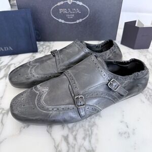 Prada 2EG469 Mens Leather Double Monk Strap Wingtip Shoes Grey Black UK 10.5